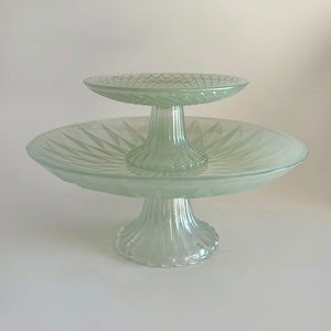 Set of 2 Green Translucent Glass Stackable Cake Stand Cupcake Dessert Holders